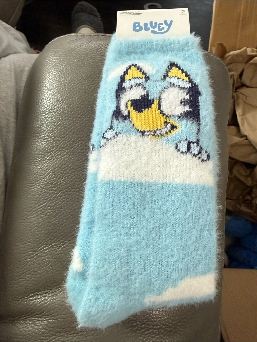 Bluey Plush Fuzzy Socks - Light Blue & White with Yellow Accent. 2 pair